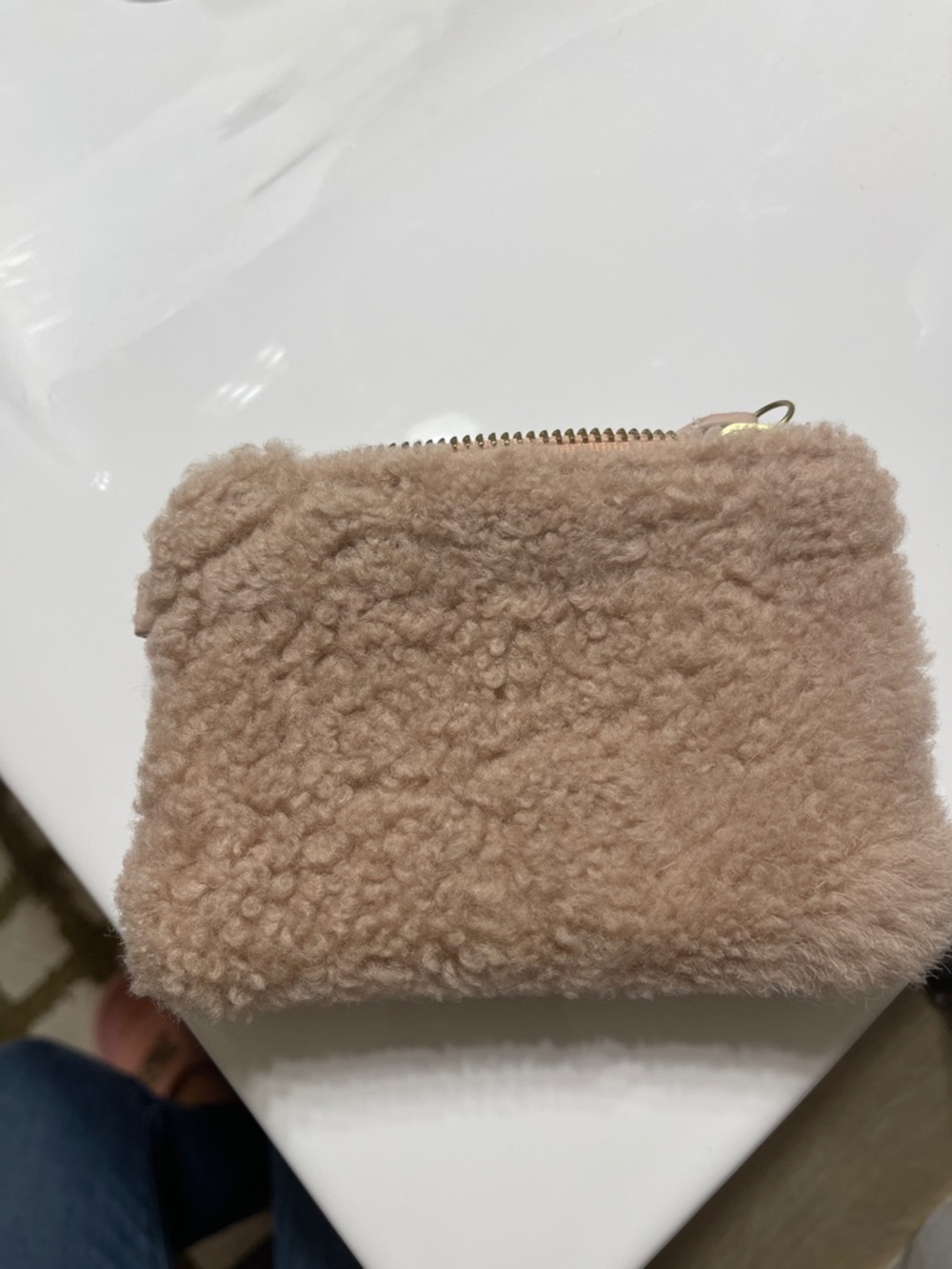 Cozy Shearling Zip Cosmetic Pouch - Beige